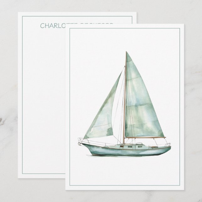Coastal Blue Watercolor Sailboat Personalized Note Mitteilungskarte (Vorne/Hinten)