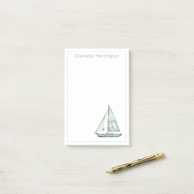 Coastal Blue Watercolor Sailboat Personalized Post-it Klebezettel (Auf Schreibtisch)