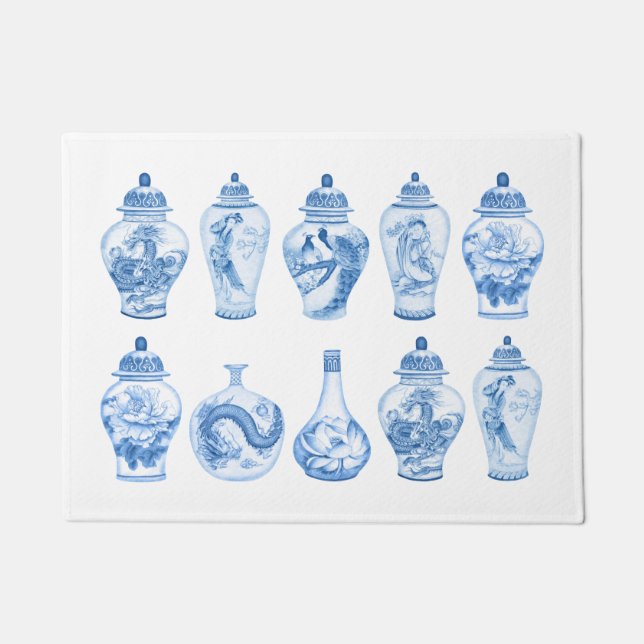 Coastal Blue White Chinoiserie Temple Ginger Jars Fußmatte (Vorderseite)