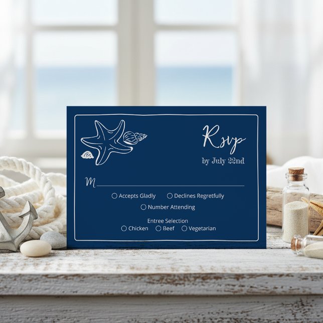 Coastal Blues Seashells & Script Hochzeit RSV RSVP Karte (Von Creator hochgeladen)