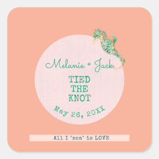 Coastal Bridal Shower Seahorse Stripe Quadratischer Aufkleber