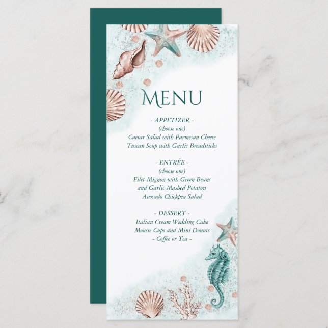 Coastal Chic | Aquamarines Party für Grüne und Kor Menükarte (Vorne/Hinten)