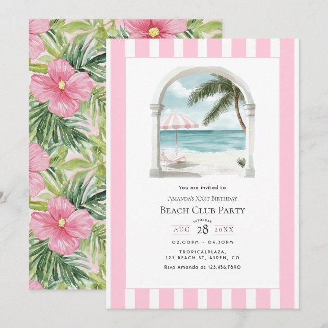 Coastal Chic Beach Club Birthday Party Einladung (Vorne/Hinten)