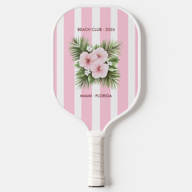 Coastal Chic Beach Club Pink Stripe Tropical Pickleball Schläger (Vorderseite)
