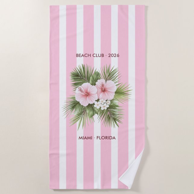 Coastal Chic Beach Club Pink Stripe Tropical Strandtuch (Vorderseite)