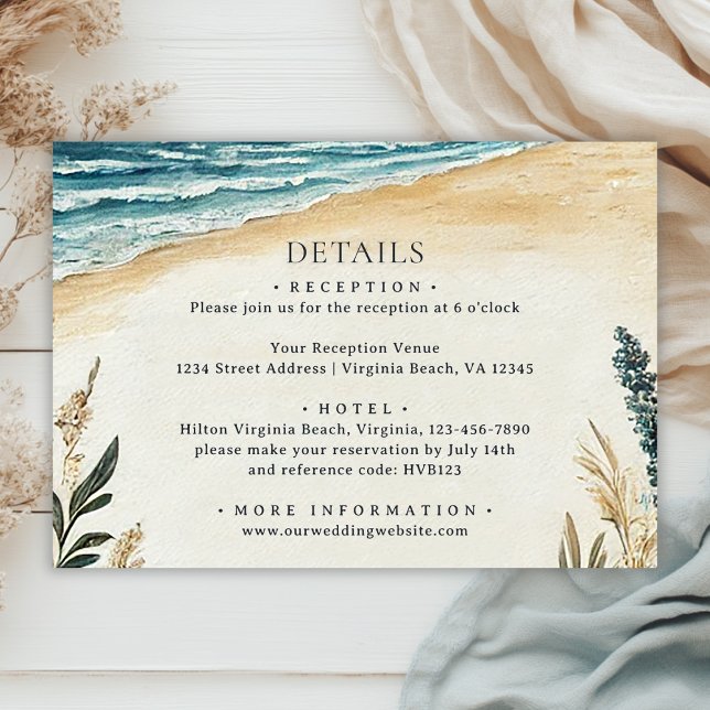Coastal Chic Beach Wasserfarbe Hochzeitsdetails Begleitkarte (Front - Coastal Chic Beach Watercolor Wedding Details Enclosure Card)