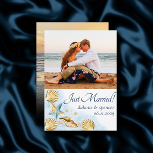 Coastal Chic Blue Gold Coral Reef Foto Wedding Ankündigung