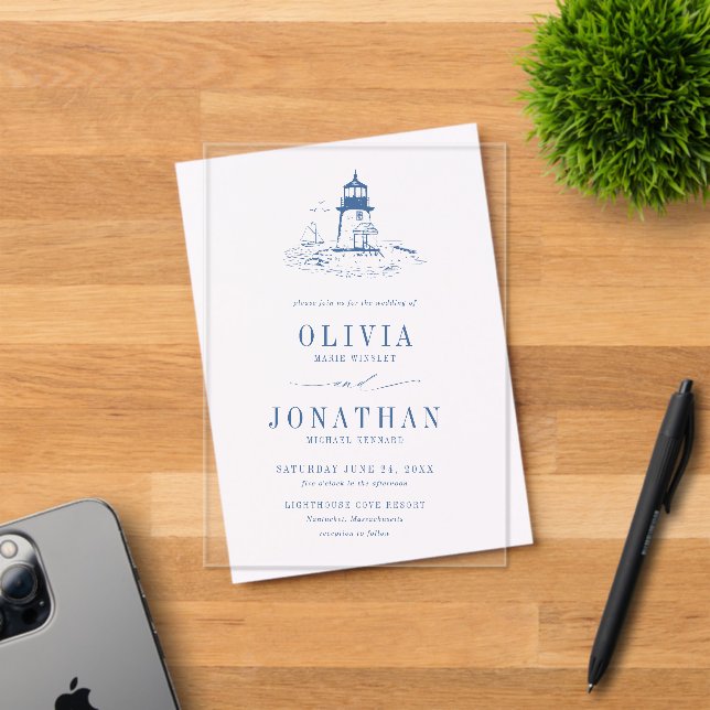 Coastal Chic Blue Lighthouse Wedding Acryleinladungen (Insitu (Einladungskarte))