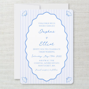 Coastal Chic Blue & White Striping Wavy Wedding Einladung