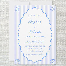 Coastal Chic Blue & White Striping Wavy Wedding Save The Date