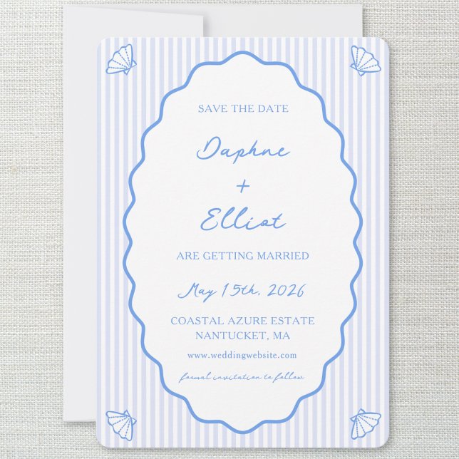 Coastal Chic Blue & White Striping Wavy Wedding Save The Date (Von Creator hochgeladen)