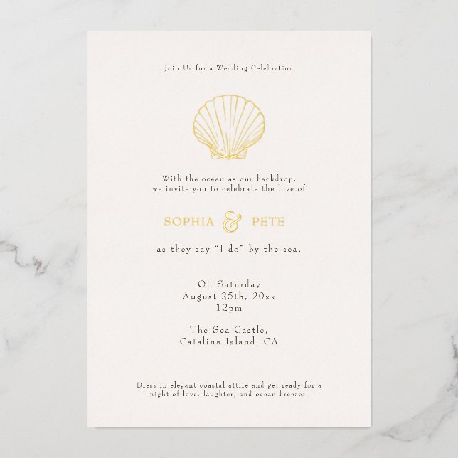 Coastal Chic Foil Wedding Einladung Beige (Vorderseite)