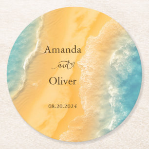 Coastal Chic Golden Sand Aquamarine Hochzeit Willk Runder Pappuntersetzer
