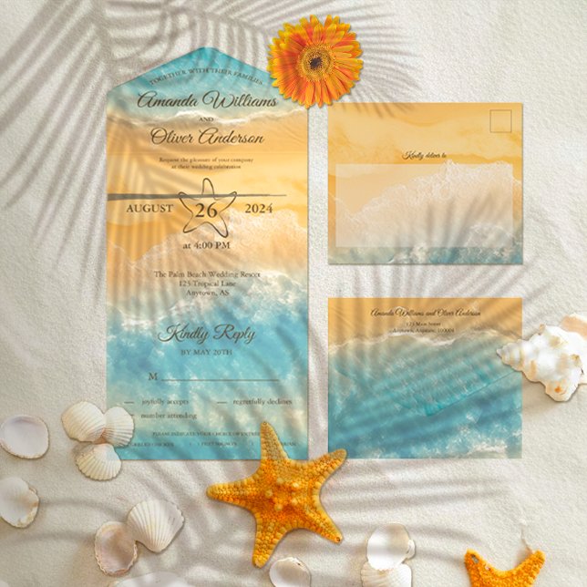 Coastal Chic Golden Sand Türkis Wasser Hochzeit All In One Einladung (Von Creator hochgeladen)