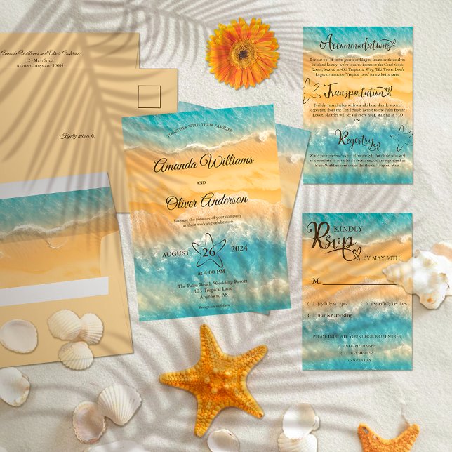 Coastal Chic Golden Sand Türkis Wasser Hochzeit Einladung (Von Creator hochgeladen)