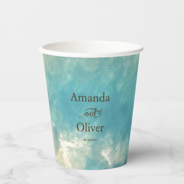 Coastal Chic Golden Sand Türkis Wasser Hochzeit Pappbecher (Vorderseite)