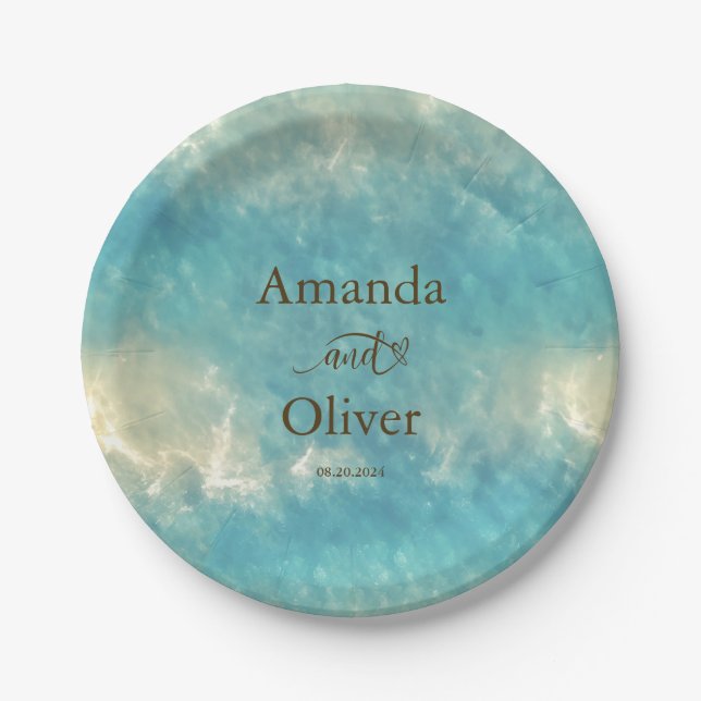 Coastal Chic Golden Sand Türkis Wasser Hochzeit Pappteller (Vorderseite)