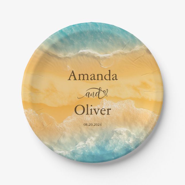 Coastal Chic Golden Sand Türkis Wasser Hochzeit Pappteller (Vorderseite)