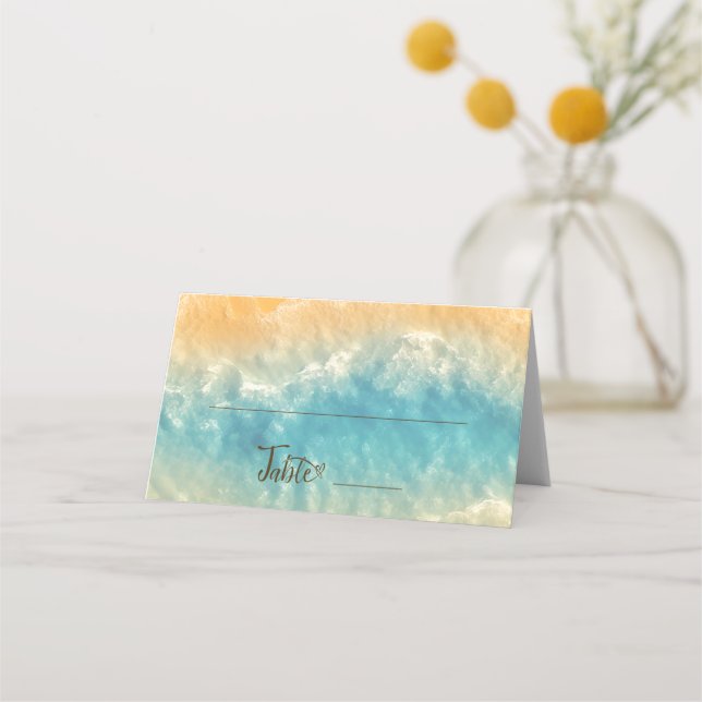 Coastal Chic Golden Sand Türkis Wasser Hochzeit Platzkarte (Vorderseite)