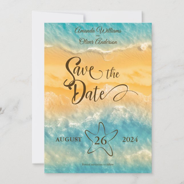Coastal Chic Golden Sand Türkis Wasser Hochzeit Save The Date (Vorderseite)
