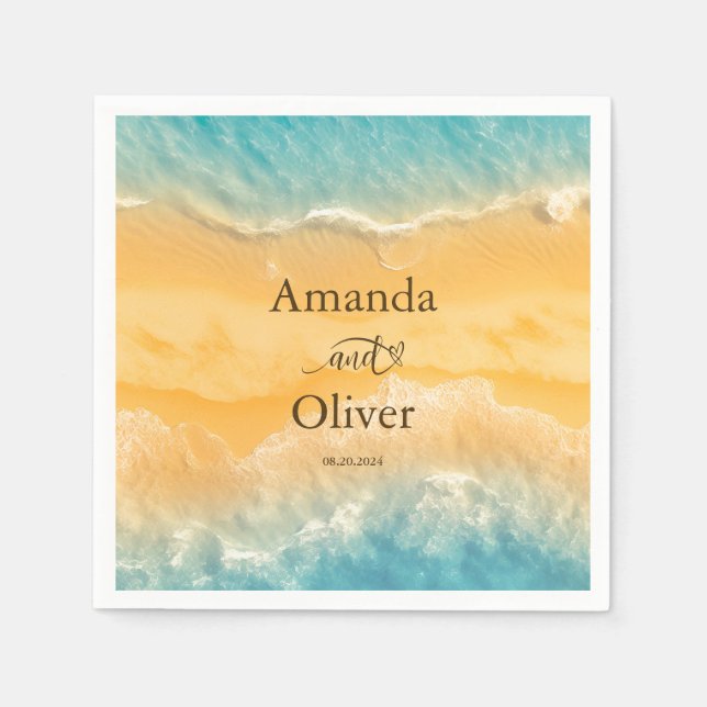 Coastal Chic Golden Sand Türkis Wasser Hochzeit Serviette (Vorderseite)