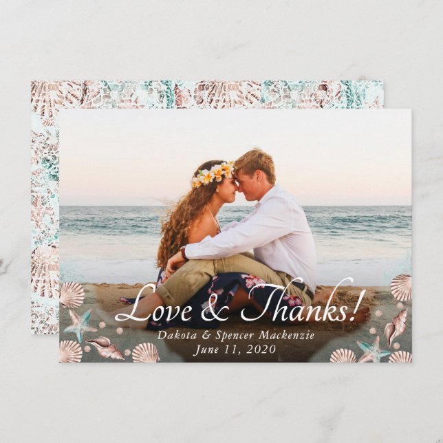 Coastal Chic | Hochzeiten von Foto Aquamarin und K Dankeskarte (Vorne/Hinten)
