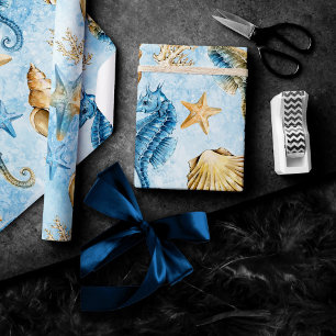 Coastal Chic   Modernes Blau und Gold im Meer Geschenkpapier