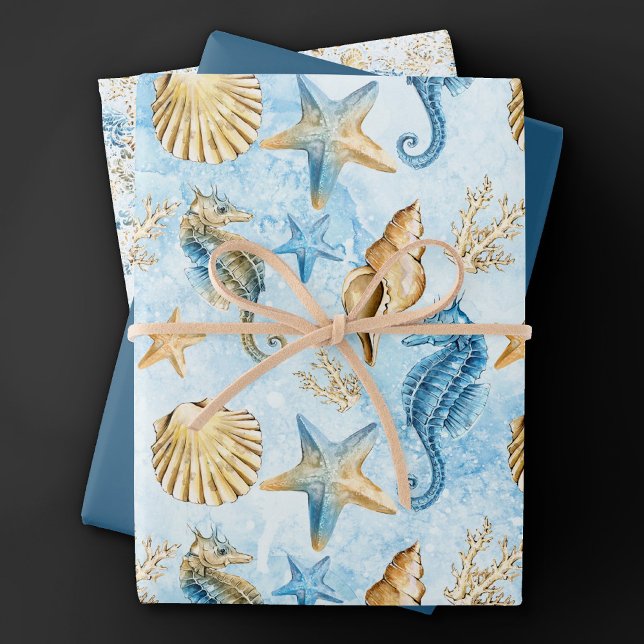 Coastal Chic | Modernes Blau und Gold im Meer Geschenkpapier Set (Von Creator hochgeladen)