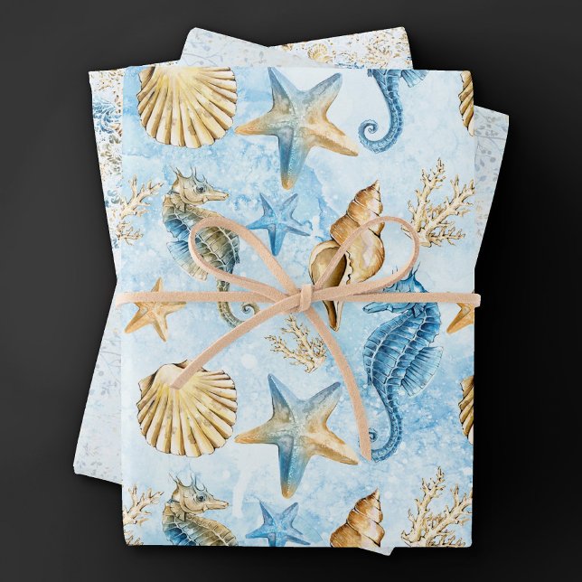 Coastal Chic | Modernes Blau und Gold im Meer Geschenkpapier Set (Von Creator hochgeladen)
