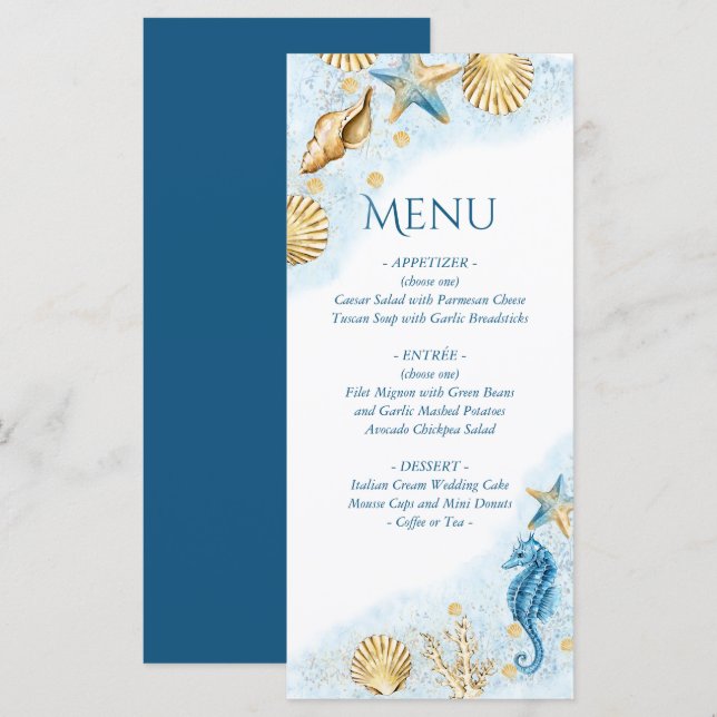 Coastal Chic | Modernes Korallenriff Menükarte (Vorne/Hinten)