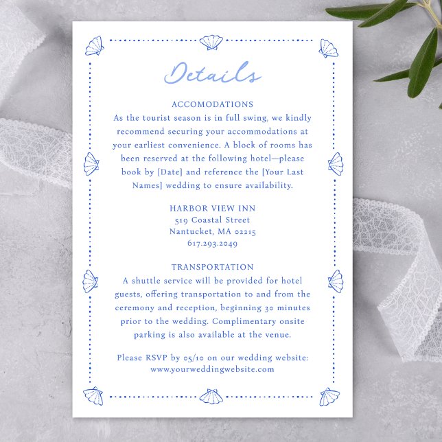 Coastal Chic Muschel Border Elegante Blue Wedding Begleitkarte (Seamlessly guide your guests with this chic nautical details card—coordinating perfectly.)