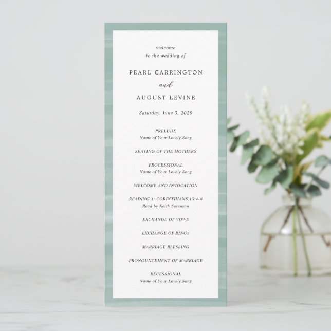 Coastal Chic Mute Green Elegant Hochzeit Programm (Stehend Vorderseite)