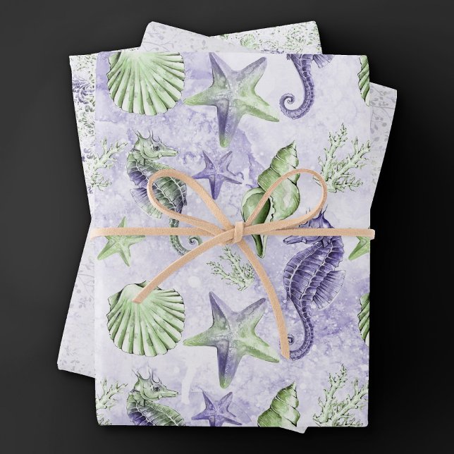 Coastal Chic | Niedliche Lila und grüne Meeresgrün Geschenkpapier Set (Von Creator hochgeladen)