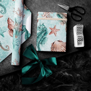 Coastal Chic   Pastelmuster Aquamarin und Korallen Geschenkpapier