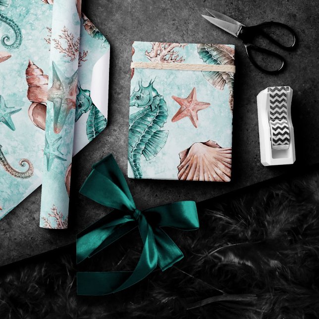 Coastal Chic | Pastelmuster Aquamarin und Korallen Geschenkpapier (Von Creator hochgeladen)