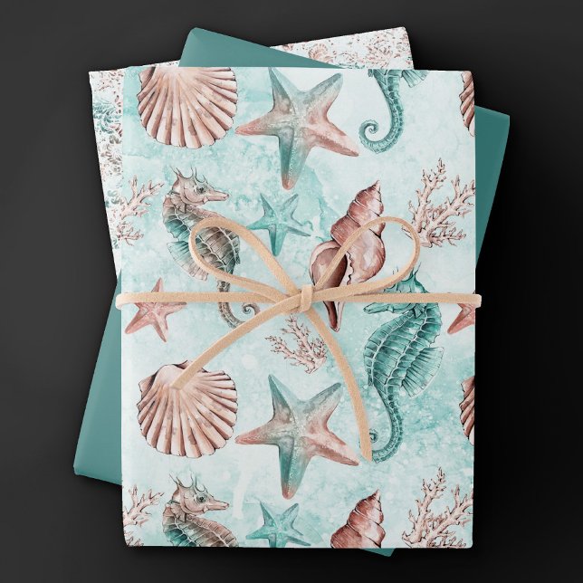 Coastal Chic | Pastelmuster Aquamarin und Korallen Geschenkpapier Set (Von Creator hochgeladen)