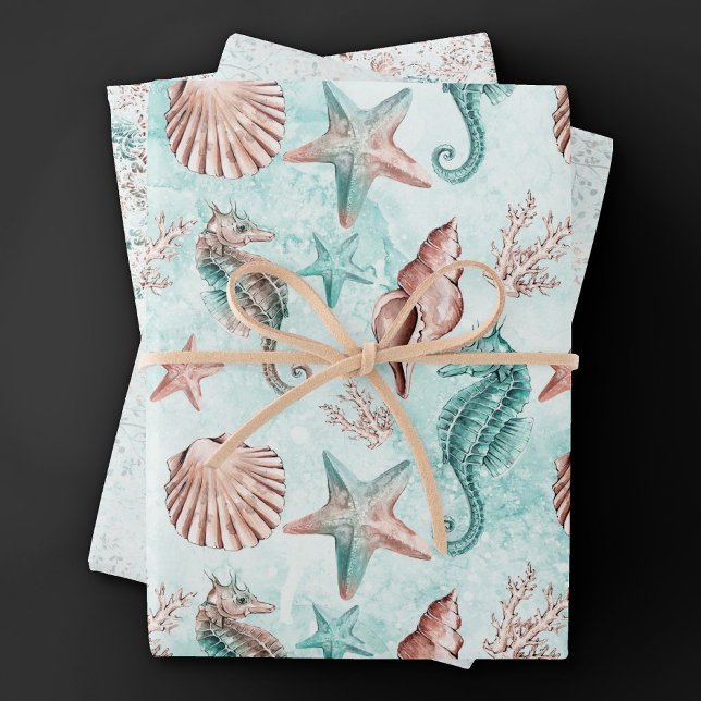Coastal Chic | Pastelmuster Aquamarin und Korallen Geschenkpapier Set (Von Creator hochgeladen)