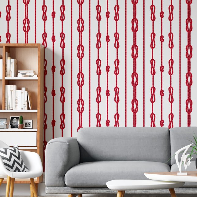 Coastal chic Red rope und Segler's Knoten drucken Tapete (Coastal chic Red rope and sailor's knots print Wallpaper)