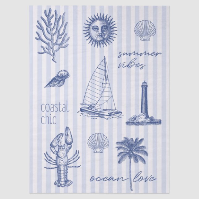 Coastal Chic Summer Vibes on Blue White Stripes Seidenpapier (Vorderseite)