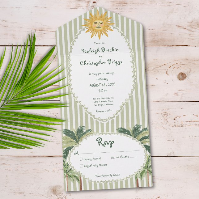 Coastal Chic Sun Palm Tree Wedding All In One Einladung (Coastal Chic Sun Palm Tree Wedding Dinner All In One Invitation)
