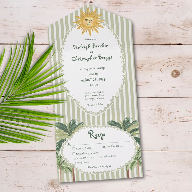Coastal Chic Sun Palm Tree Wedding Dinner All In One Einladung (Von Creator hochgeladen)