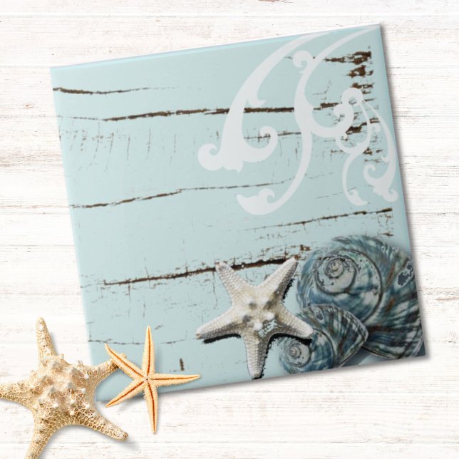 Coastal chic wood aqua blue star seashells fliese (Coastal chic wood aqua blue starfish seashells ceramic tile)