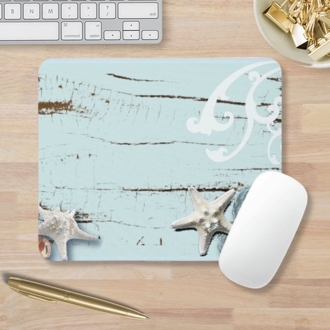 Coastal chic wood aqua blue star seashells mousepad (Coastal chic wood aqua blue starfish seashells mouse pad)