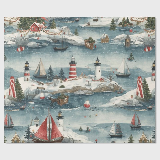 Coastal Christmas Blue Watercolor Nautical  Geschenkpapier (Flach)