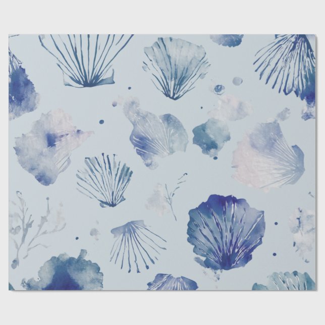 Coastal Christmas Blue Watercolor Seashells  Geschenkpapier (Flach)