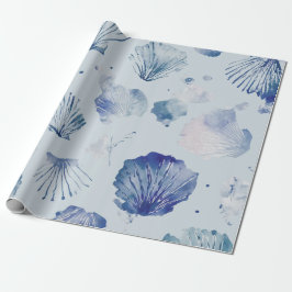 Coastal Christmas Blue Watercolor Seashells  Geschenkpapier