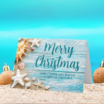 Coastal Christmas Custom Beach Company Seashell Feiertagskarte<br><div class="desc">A cute custom beach business holiday card for a tropical island company. Customize this pretty teal blue wood and seashell photography Christmas card with your seaside corporation name or other coastal professional text.</div>