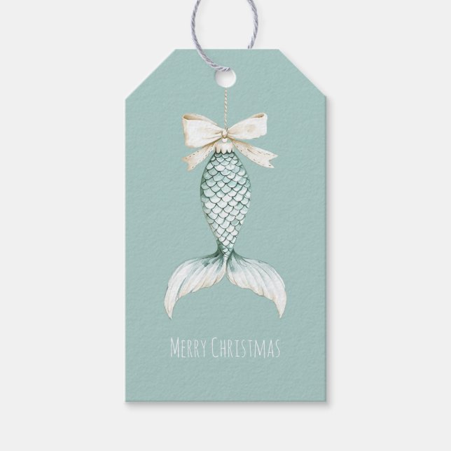 Coastal Christmas Mermaid Bow Blue Beach Ocean   Geschenkanhänger (Vorderseite)
