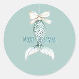 Coastal Christmas Mermaid Bow Blue Beach Ocean   Runder Aufkleber