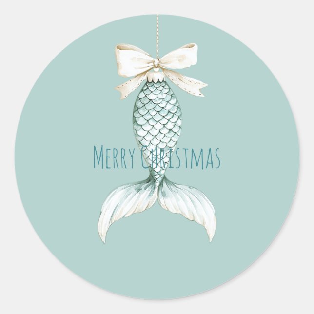 Coastal Christmas Mermaid Bow Blue Beach Ocean   Runder Aufkleber (Vorderseite)